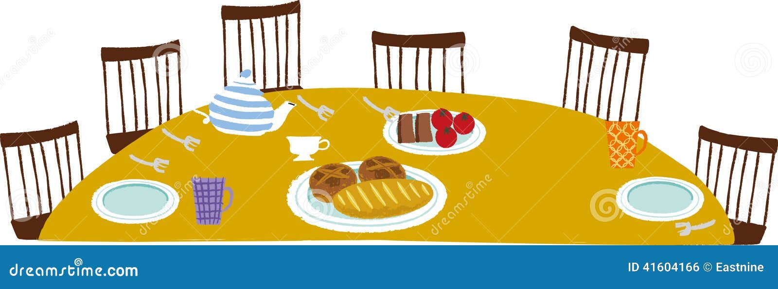 The view of dinner table stock illustration. Illustration of baguette