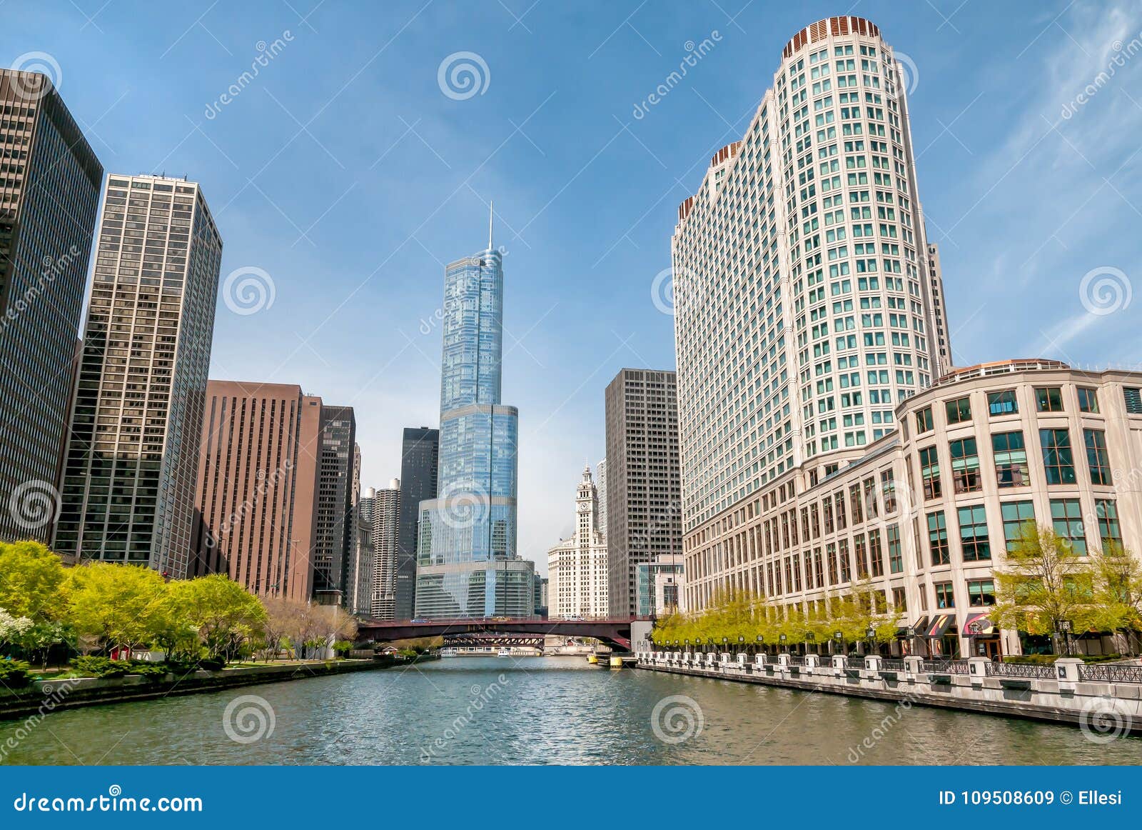view of donald trump tower and skyscrapers from chicago river in center of chicago, usa