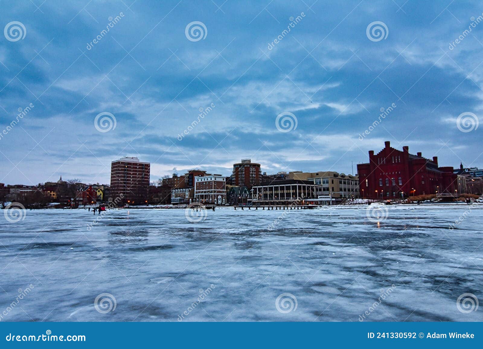 view of downtown madison, the red gym and several other buildings from frozen lake mendota
