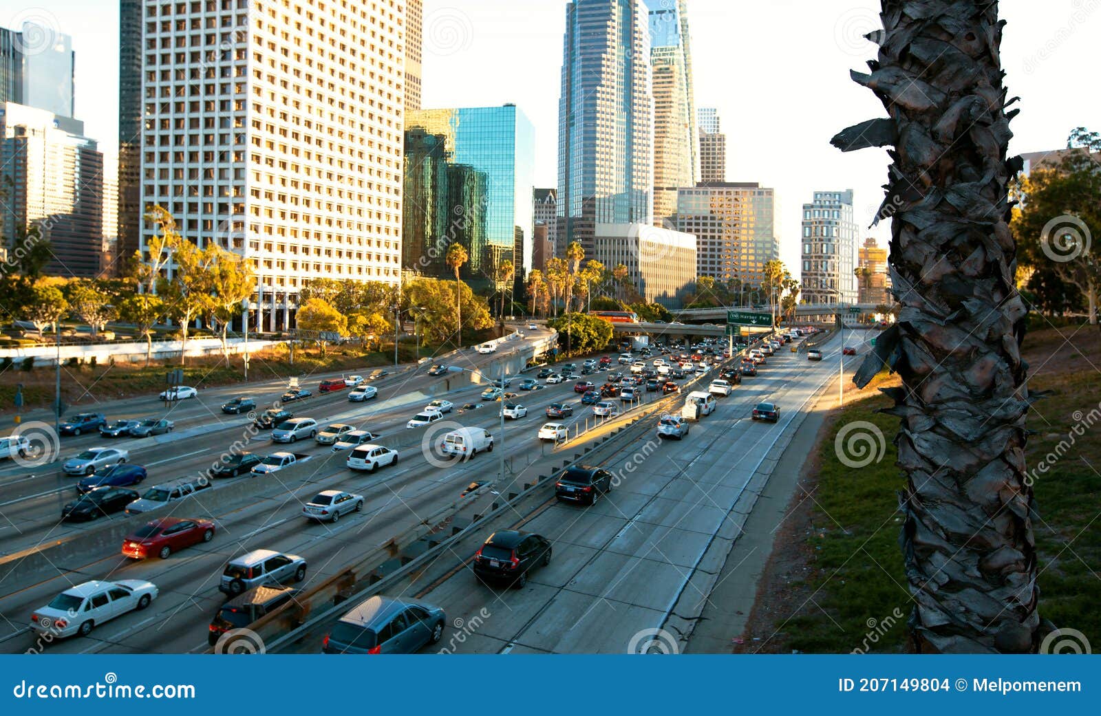 view of dowtown la traffic with with skyscrapers