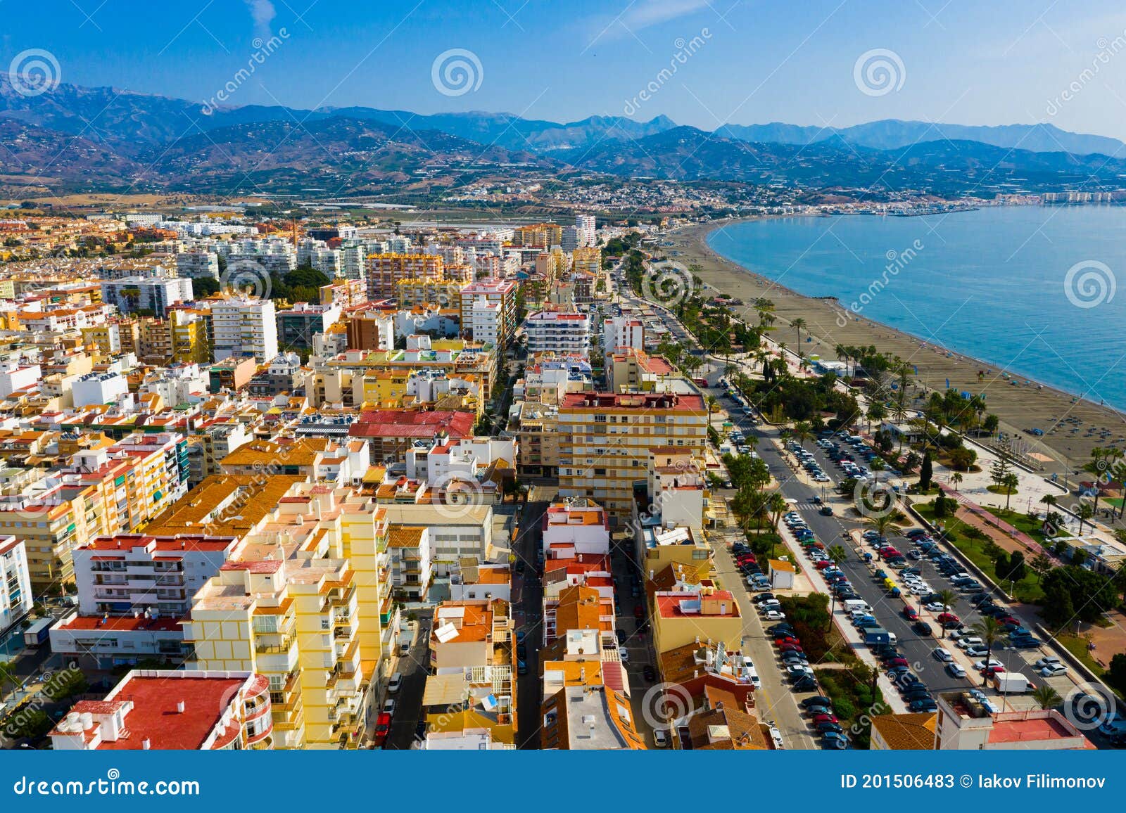 view from drone of spanish town of torre del mar