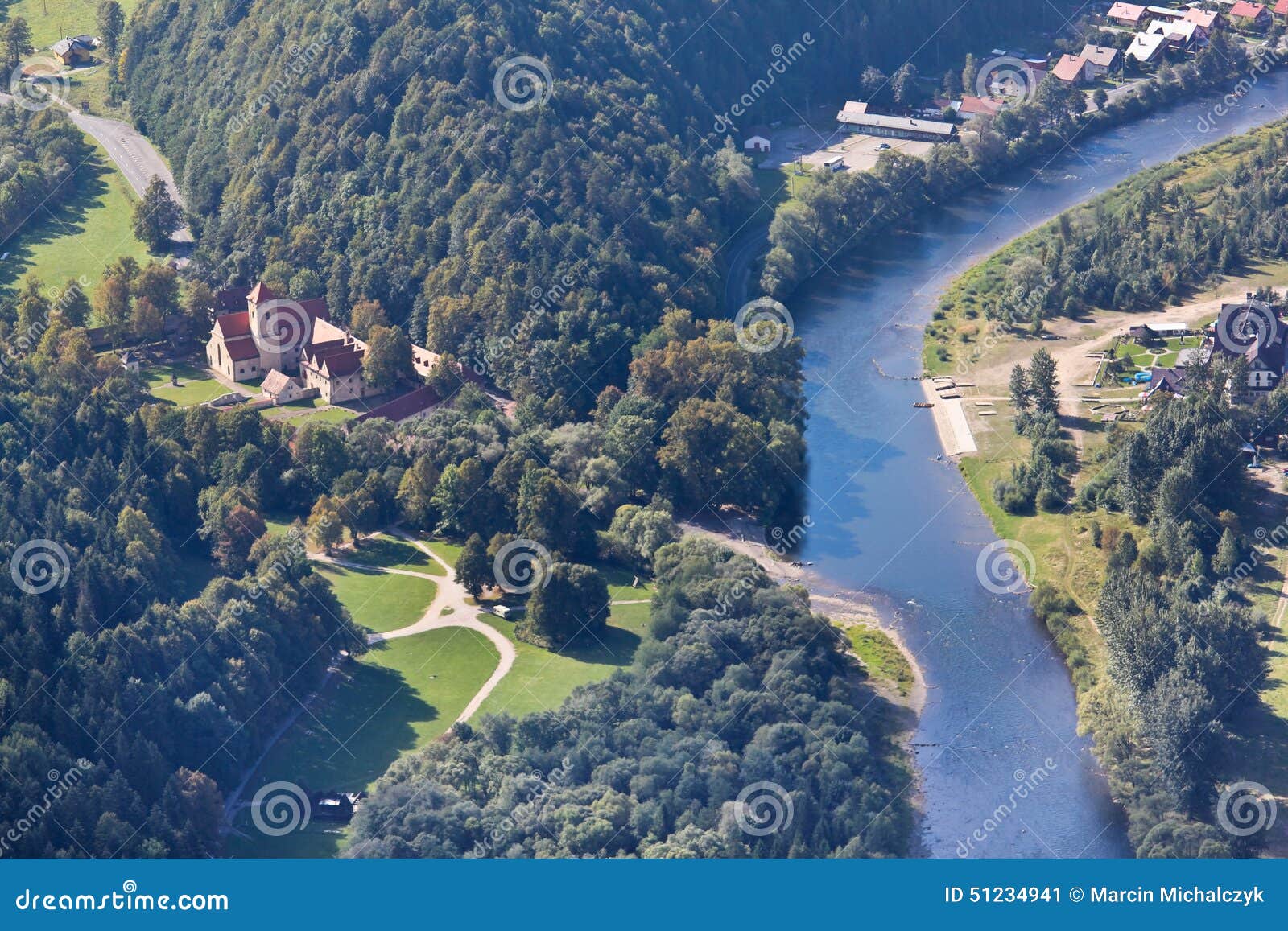 View of the Dunajec river from the top of Three Crowns Mountain, Poland. On the right side of river is Poland, and Slovakia on the left.