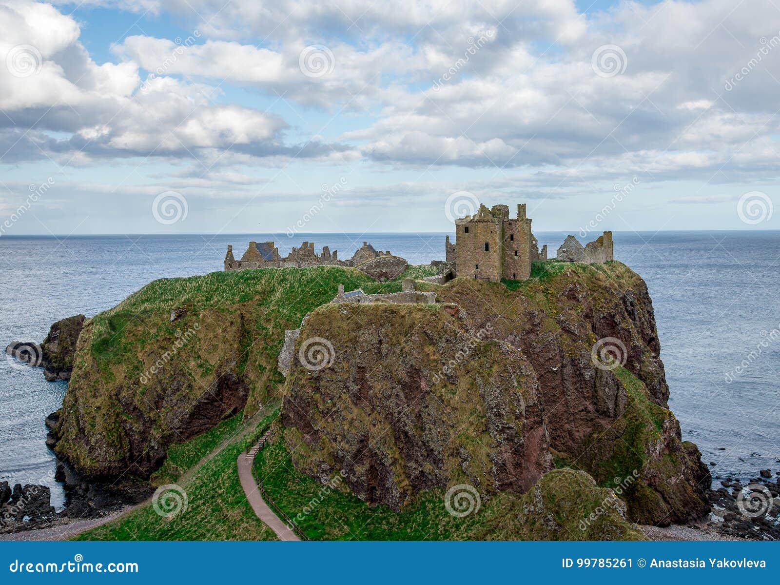 A View of Dunnottar Castle in Cloudy Spring Weather, Scotland Stock