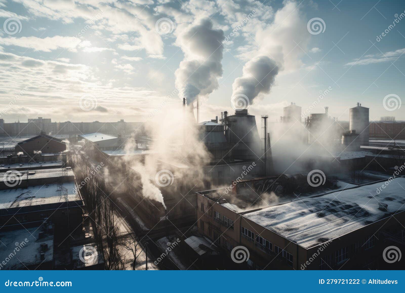 View of Factory, with Smoke and Fumes Billowing from Its Smokestacks ...
