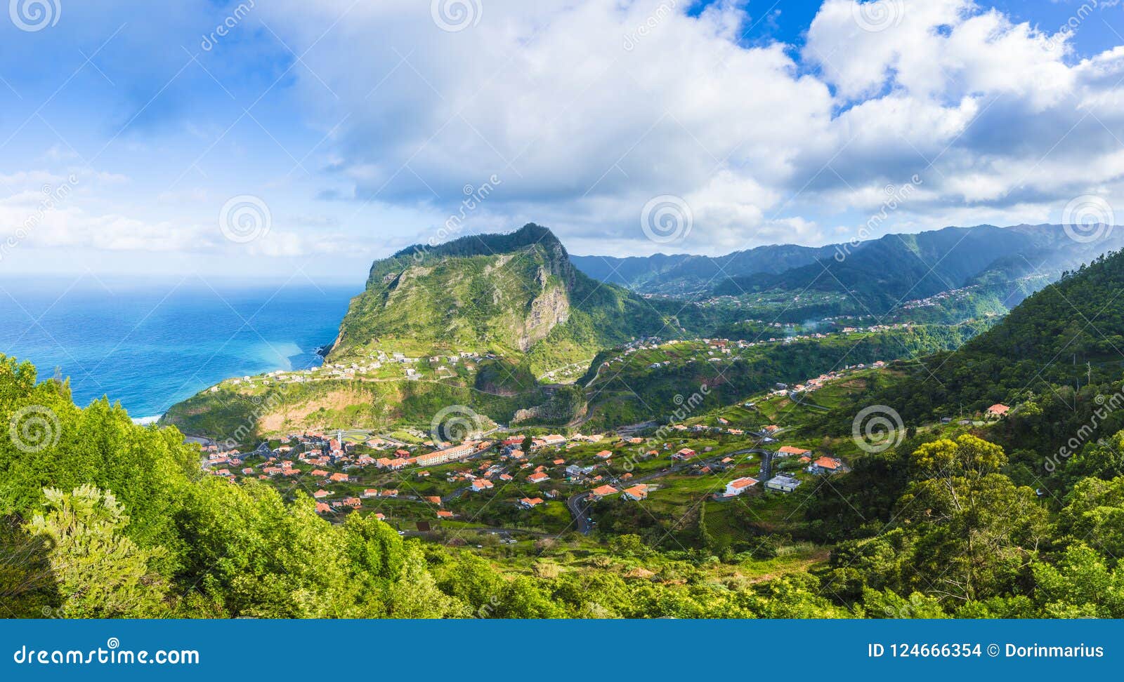 view of faial village and eagle rock, madeira island, portugal