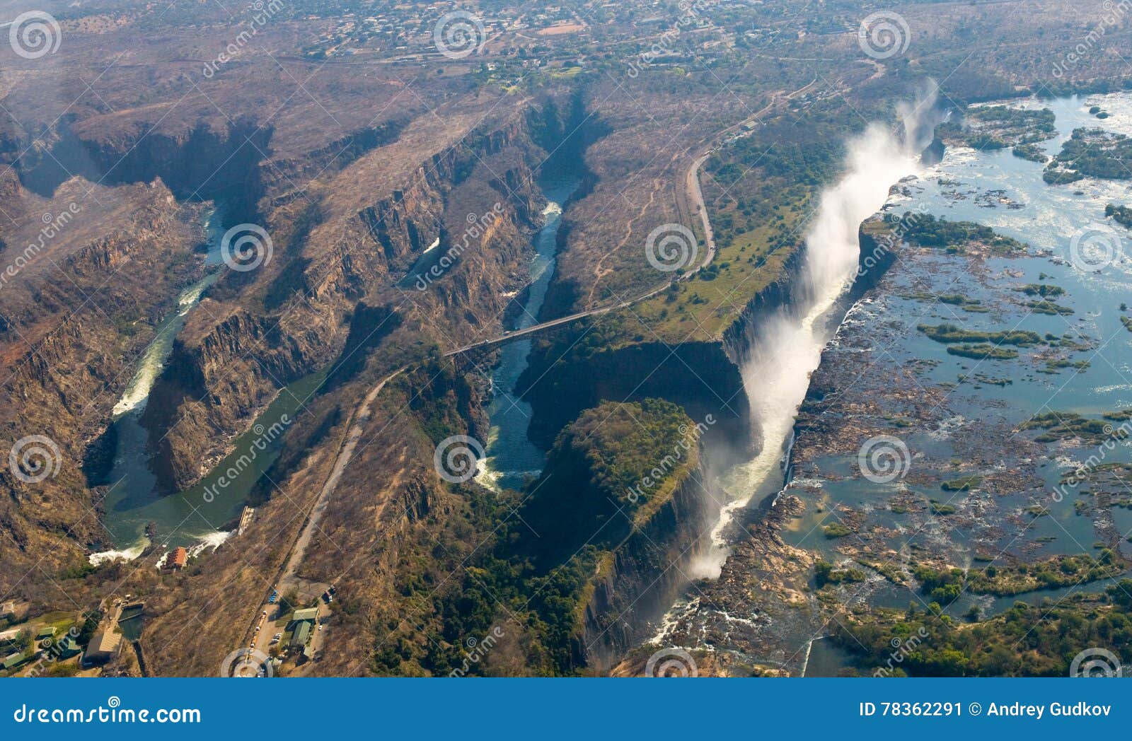 view of the falls from a height of bird flight. victoria falls. mosi-oa-tunya national park.zambiya. and world heritage site.