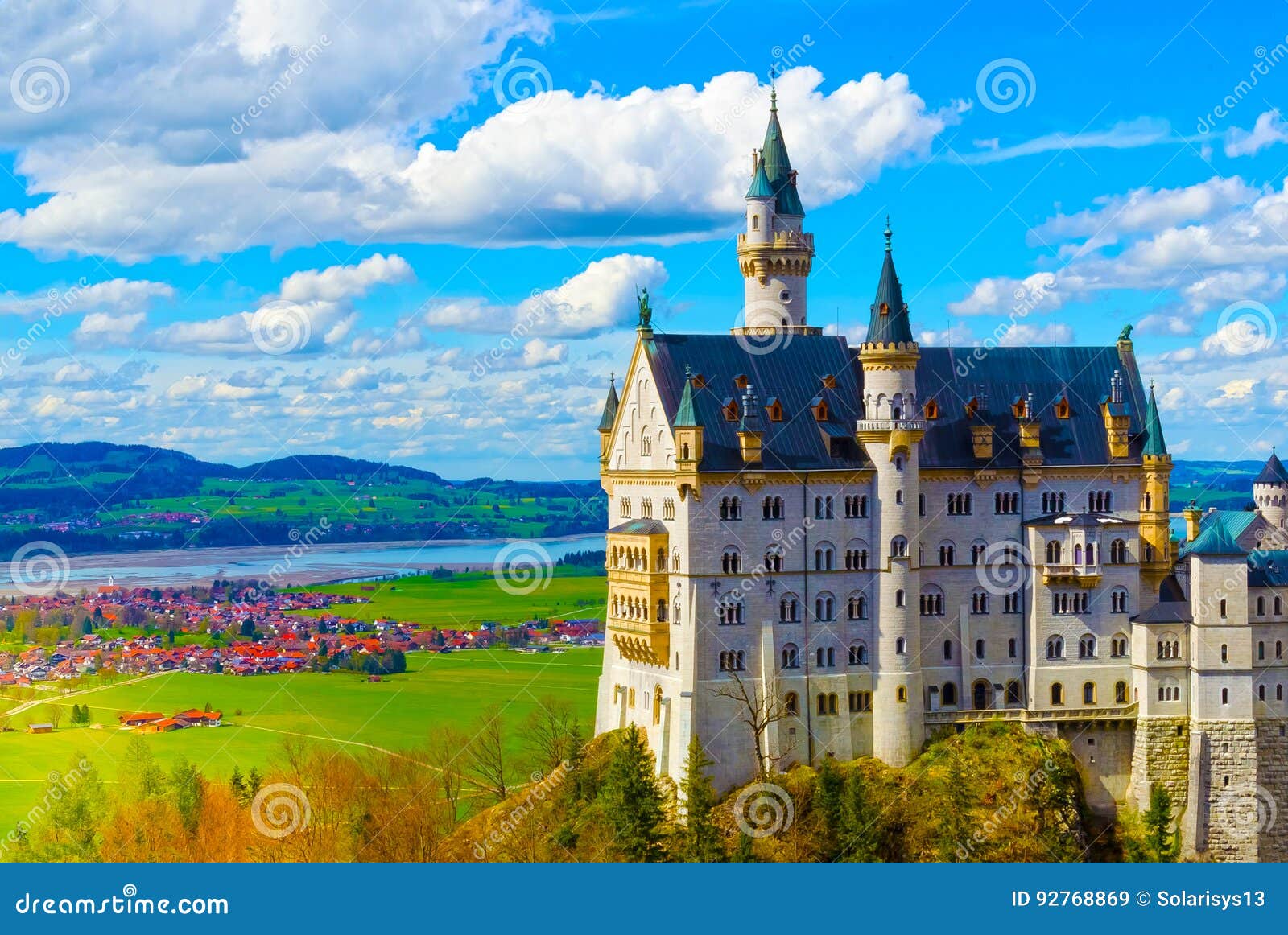view of the famous tourist attraction in the bavarian alps - the 19th century neuschwanstein castle.