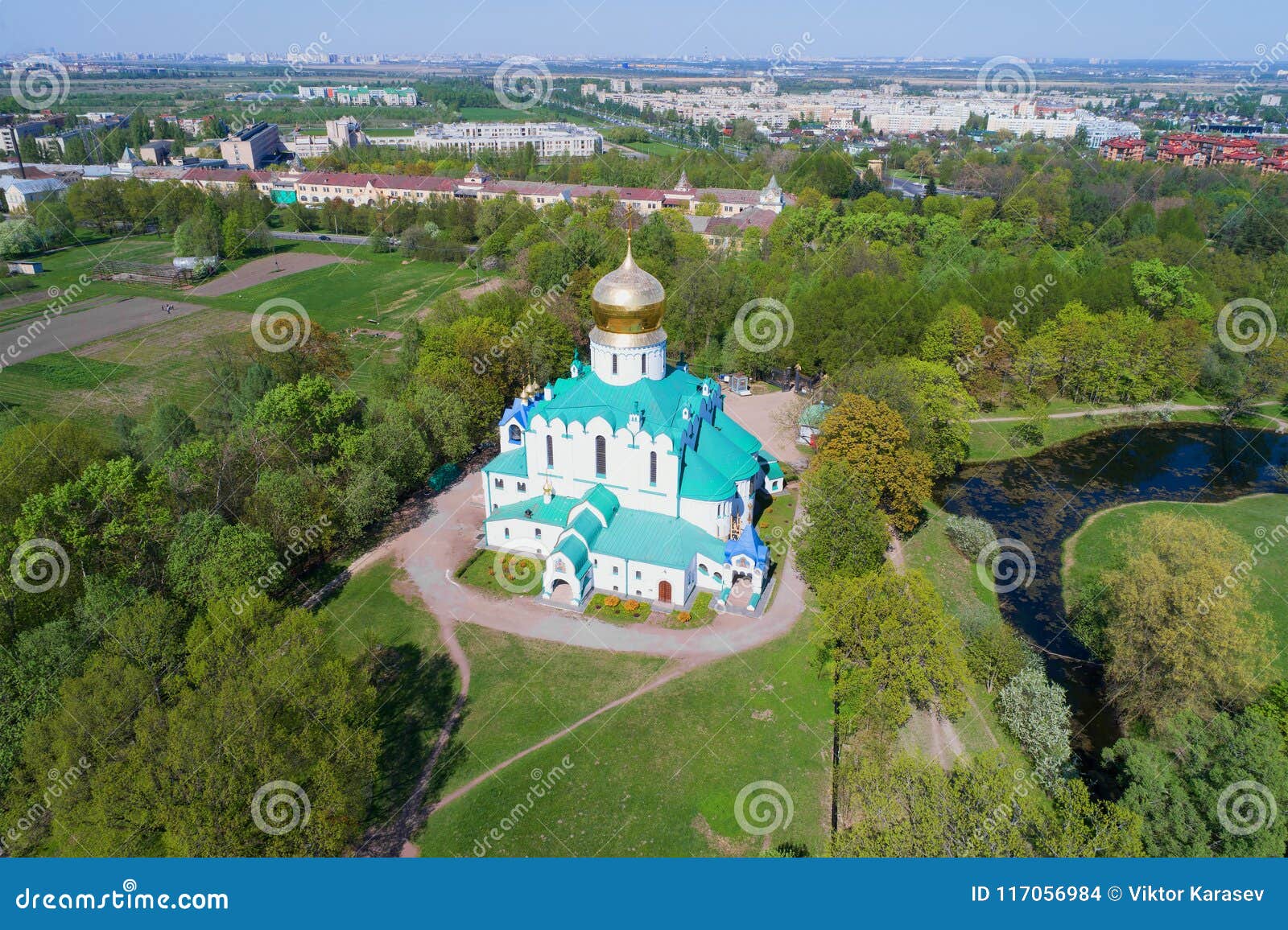 view of fedorovsky cathedral on a sunny may day. tsarskoye selo, russia aerial photography