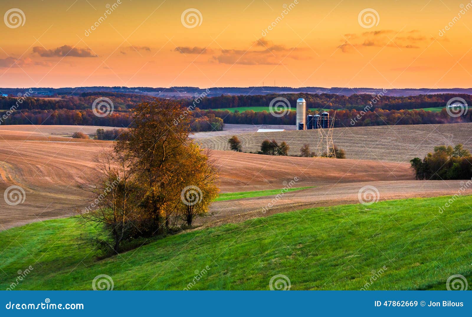 View of Fields and Rolling Hills at Sunset Near Brogue, Pennsylvania