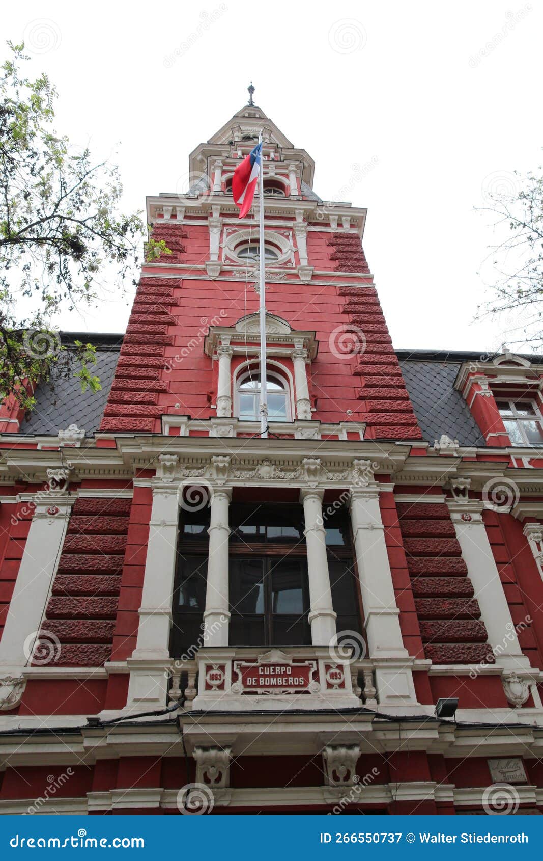 view of the fire station building cuerpo de bomberos in santiago de chile, chile