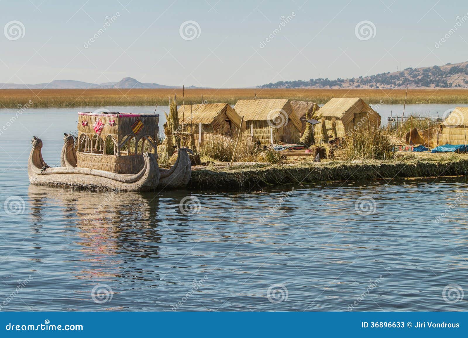 view of floating island uros, lake titicaca, peru, bolivia