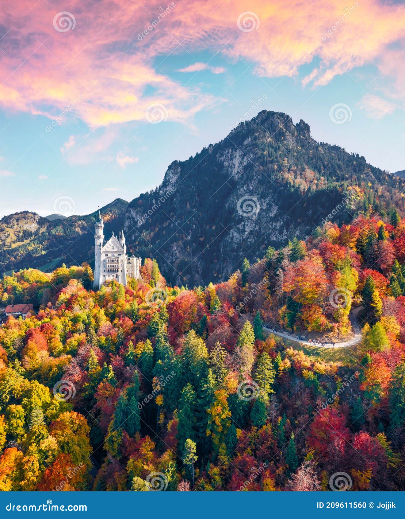 View from Flying Drone. Amazing Autumn Scene of Castle, 19th-century Hilltop Fairytale Stock Photo - Image of background, german: 209611560