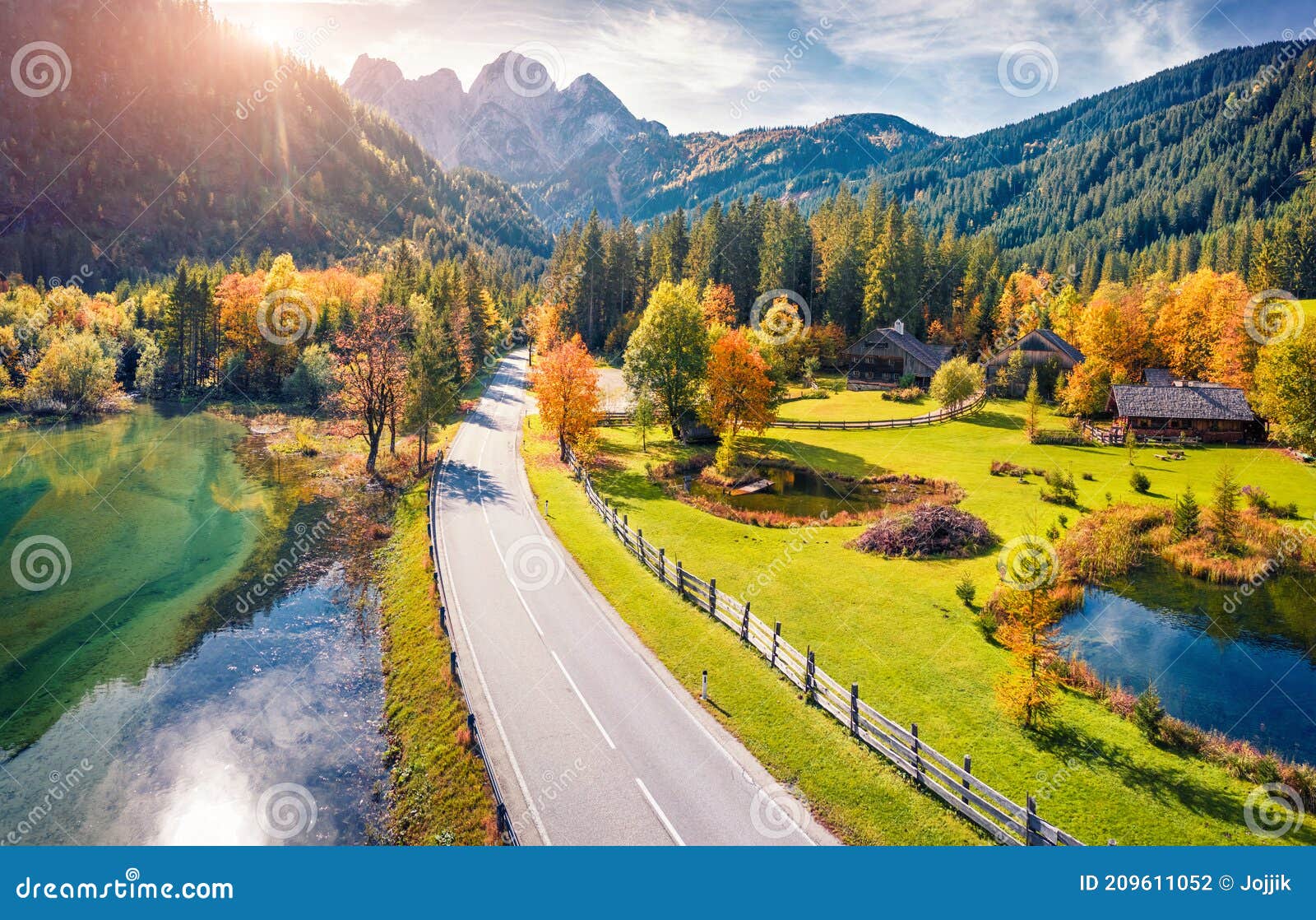 View from Flying Drone. Bright Autumn View of Gosaubach Lake ...