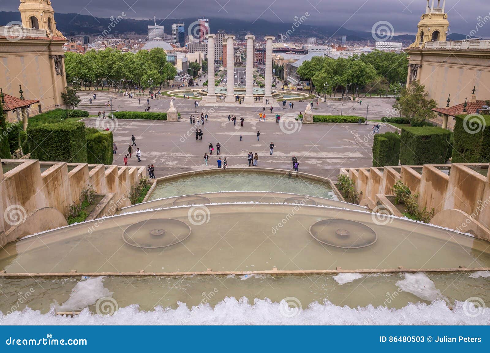 view from fountain on plaza de espana at montjuic in barcelona, spain