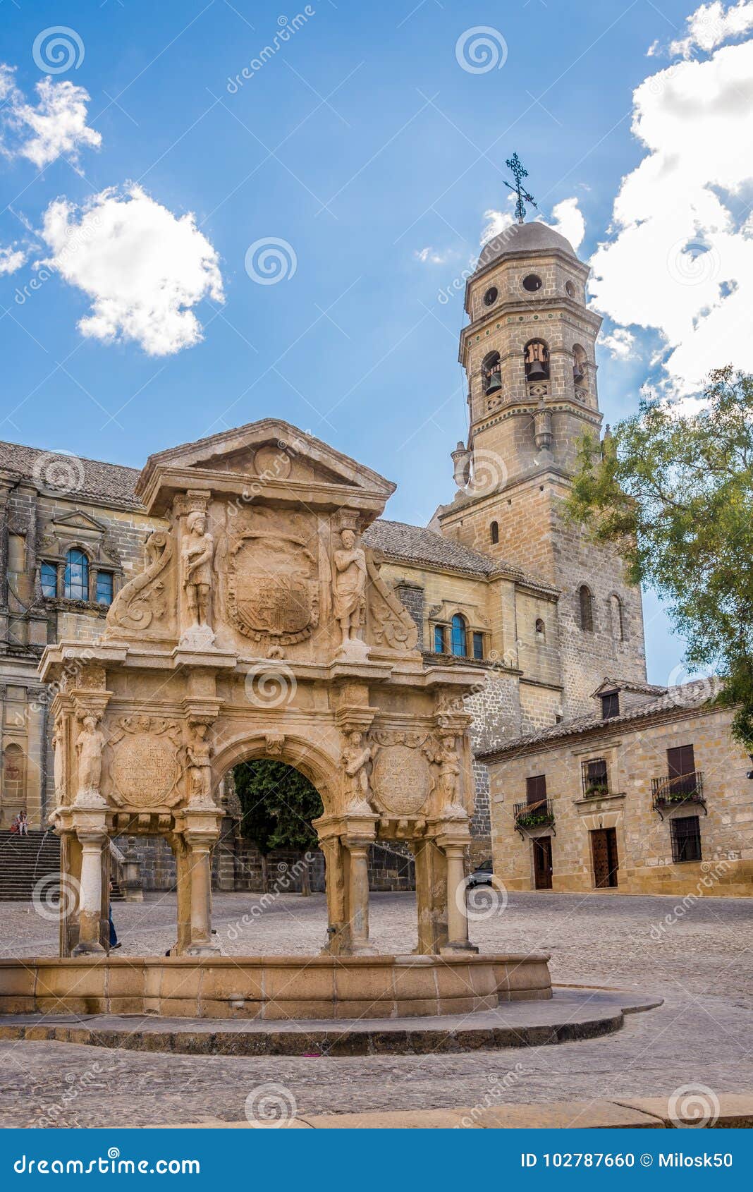 view at the fountain of santa maria with cathedral of baeza - spain