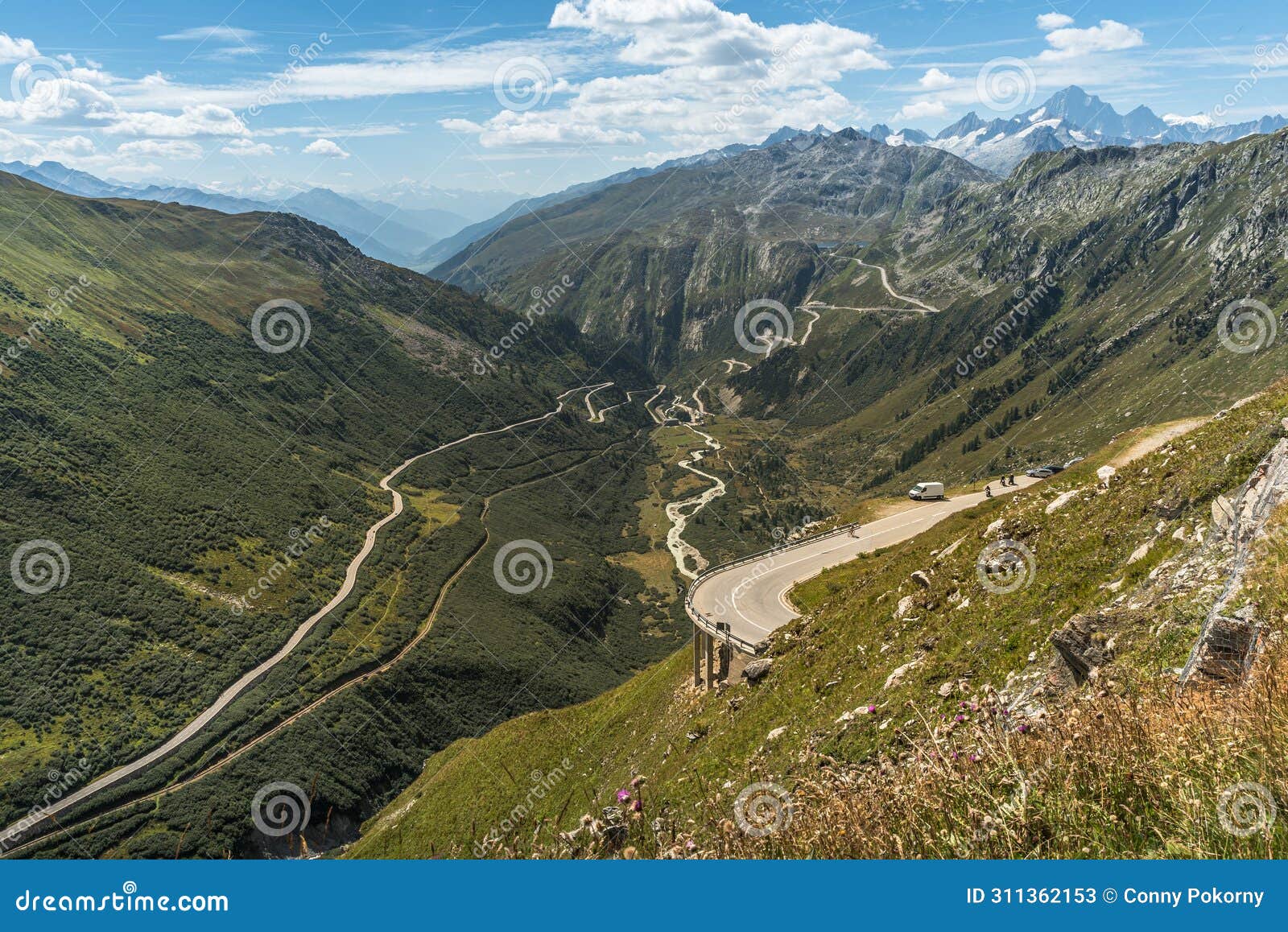 view from the furka pass into the rhone valley, obergoms, canton of valais, switzerland.