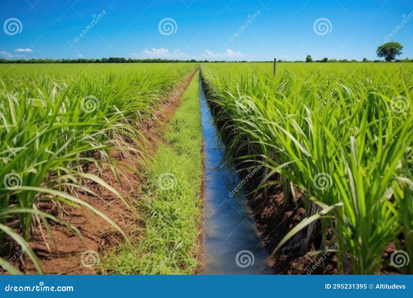 View of Furrow Irrigation Technique in a Sugarcane Plantation Stock