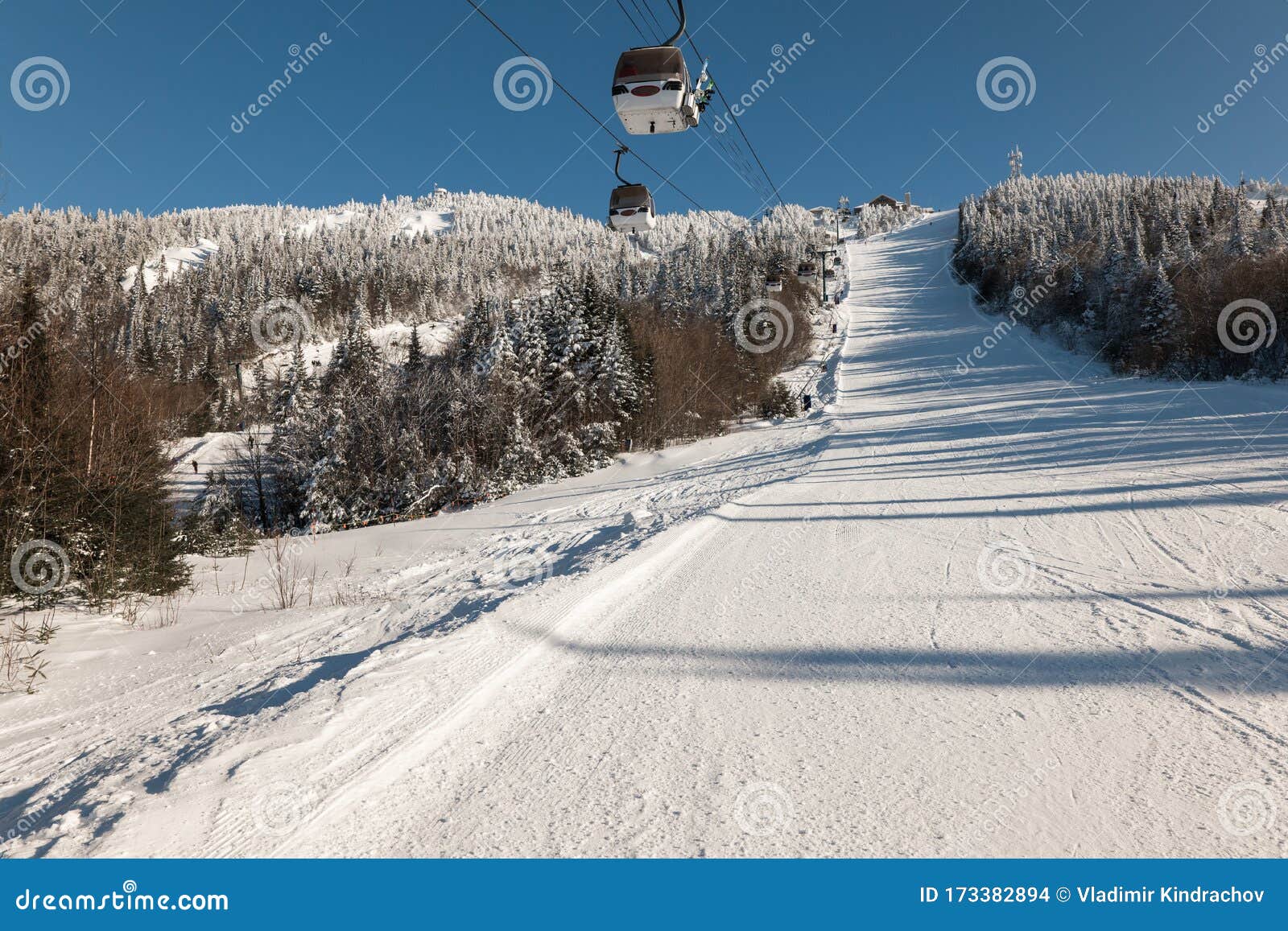 View Of Gondola Lift With Snow Covered Mountains Gondola Above Ski Slope Stock Photo Image Of
