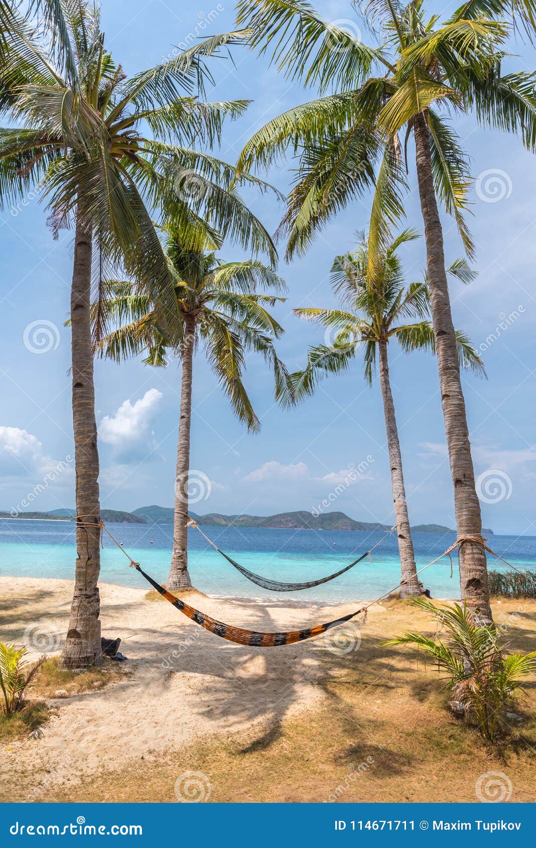 view of hammocks on tropical beach on the banana island