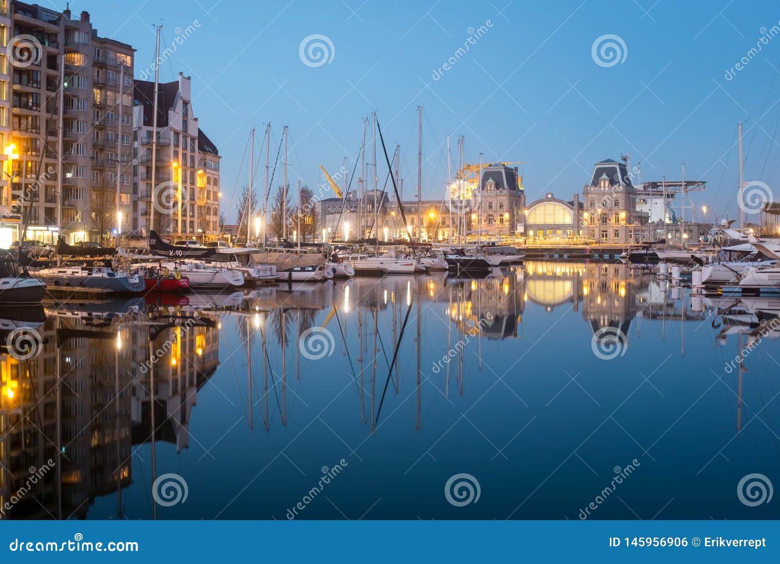Old Train Station of Ostend Reflected in the Marina Stock Photo - Image ...