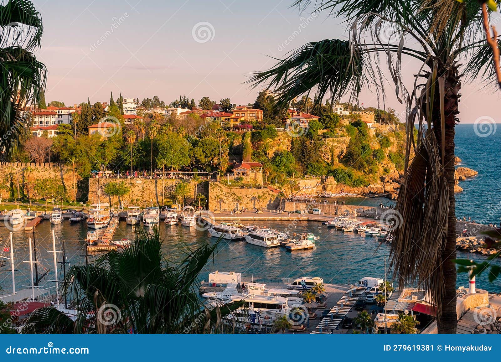 view from a height of the harbor near the old town of kaleichi in the turkish city of antalya.