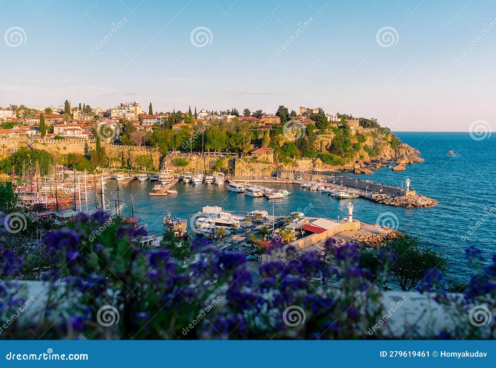 view from a height of the harbor near the old town of kaleichi in the turkish city of antalya.