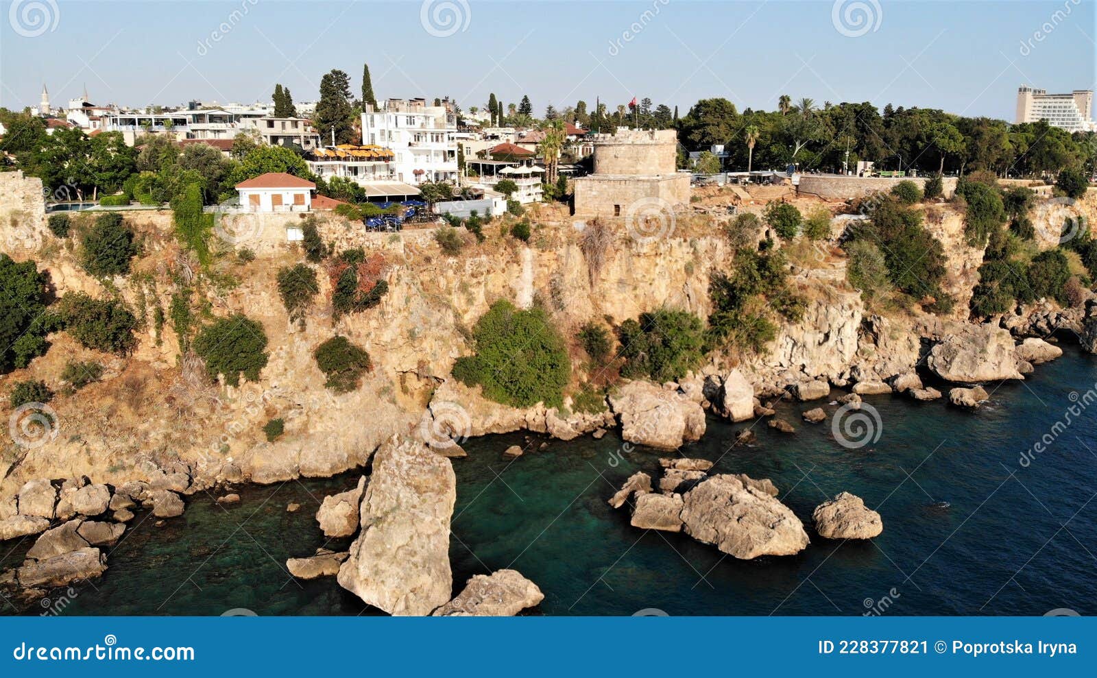view on hidirlik tower and sea coast in old city antalya