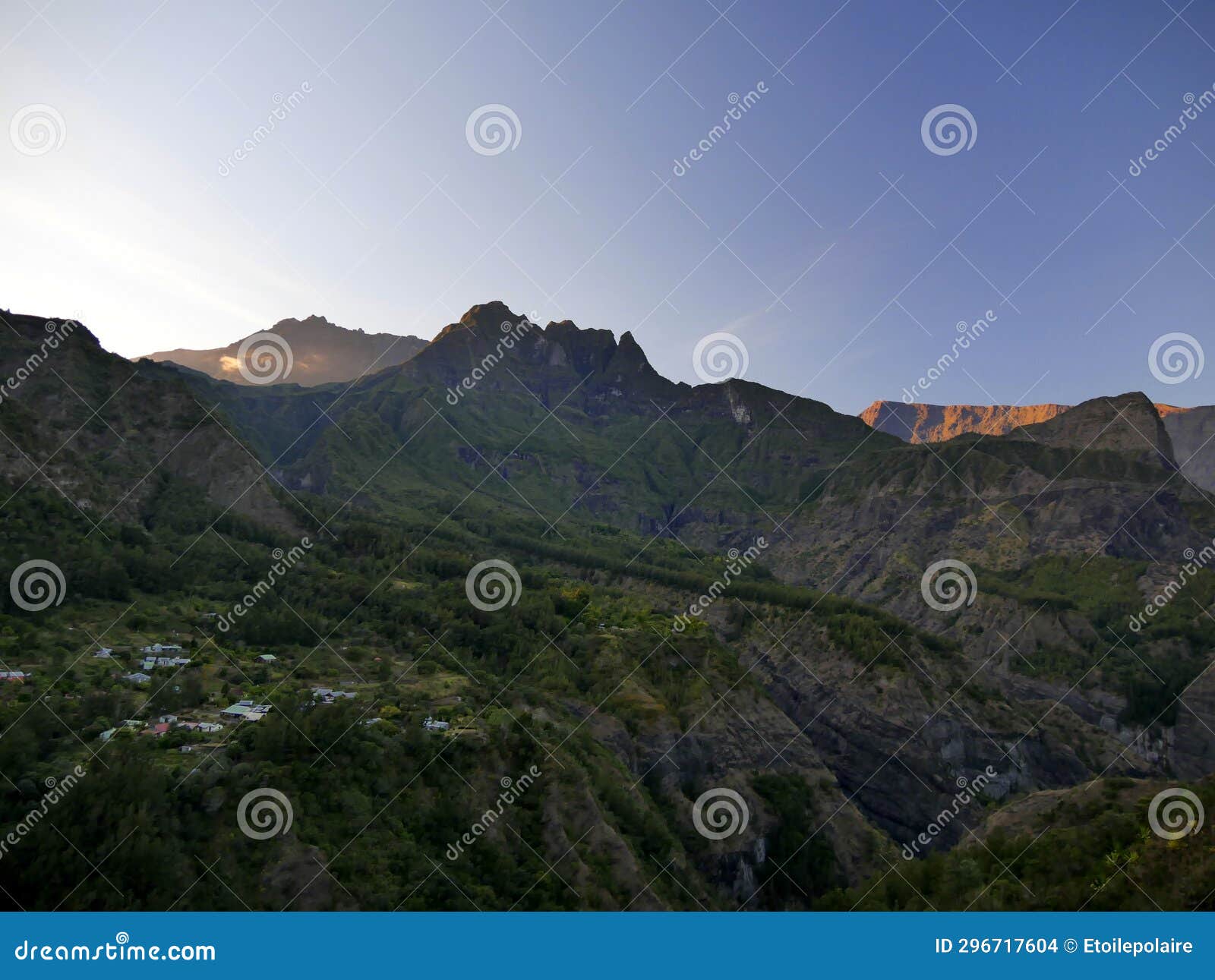 view of ilet a malheur from aurere, in mafate cirque, reunion, in the early morning, at dawn