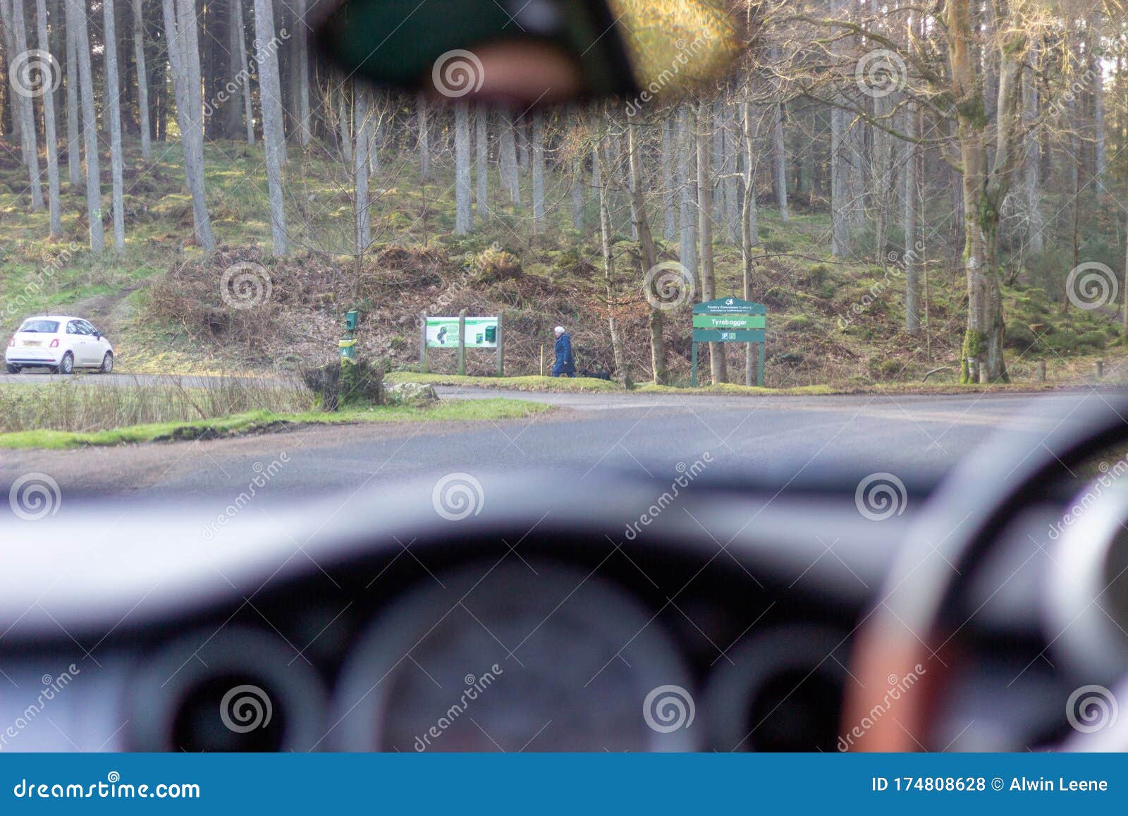 view from inside a car arriving at tyrebagger woods