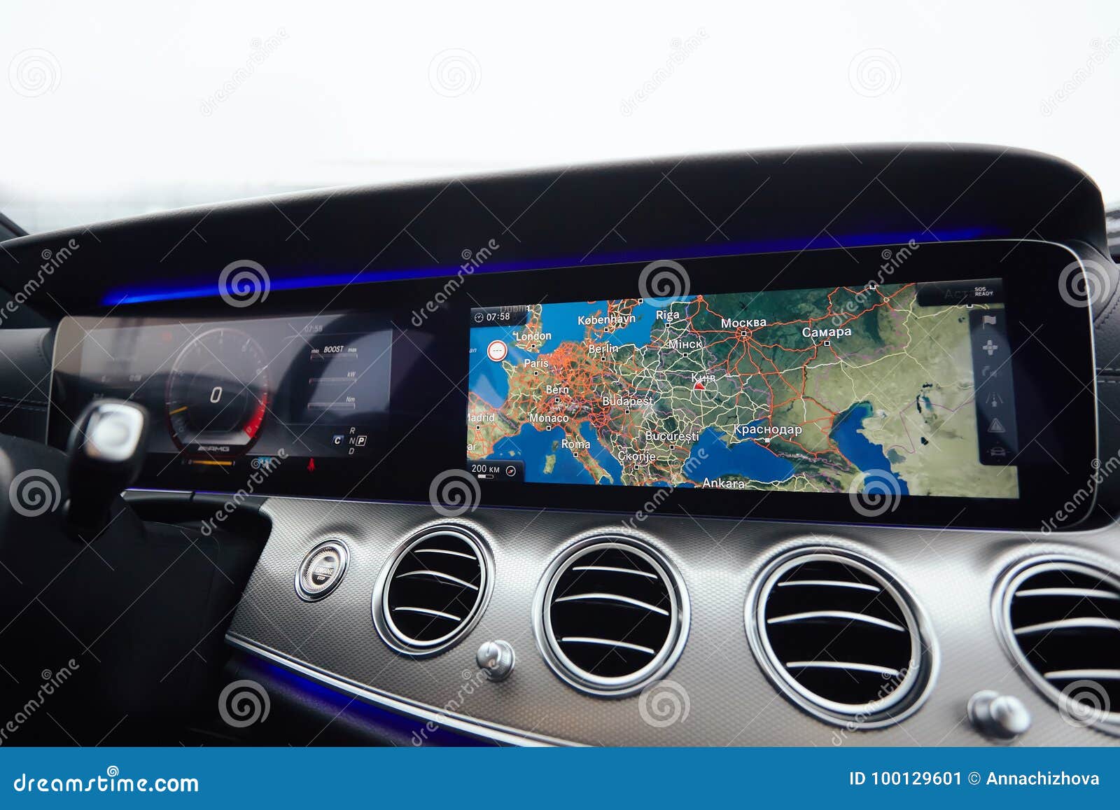 View from Inside a Car on a Part of Dashboard with a Navigation Unit