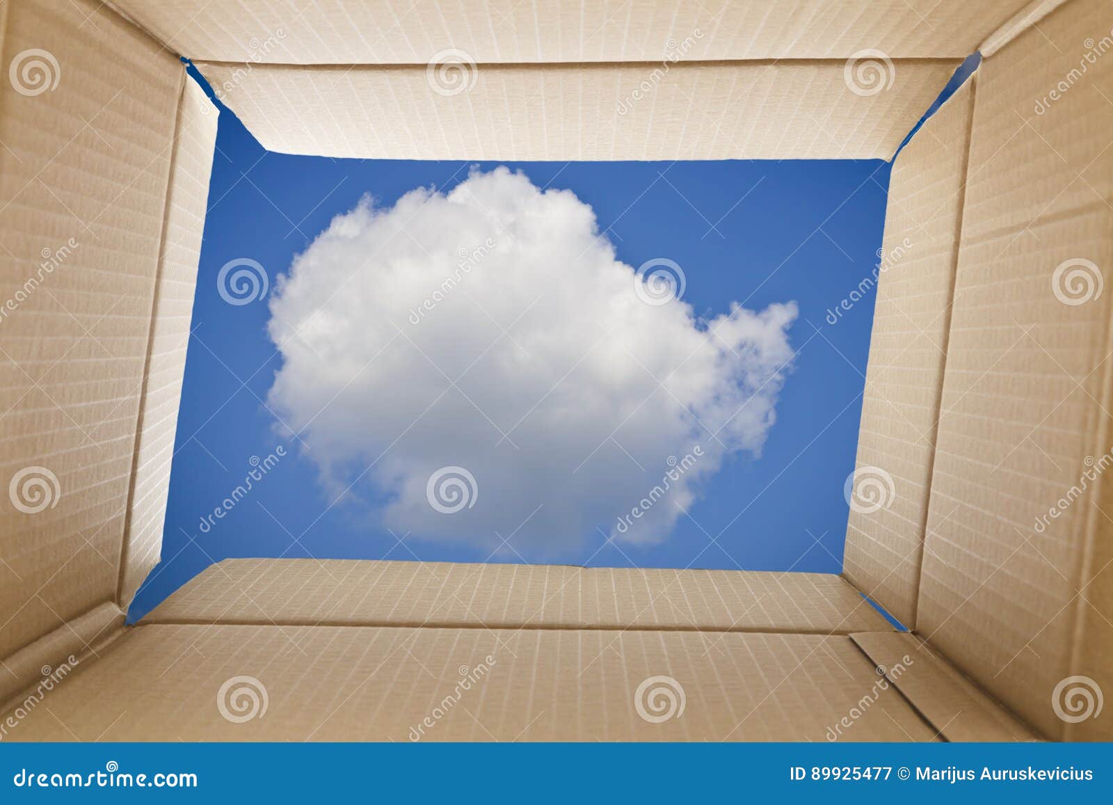 View from Inside a Cardboard Box. Cloud and the Sky Outside the Stock