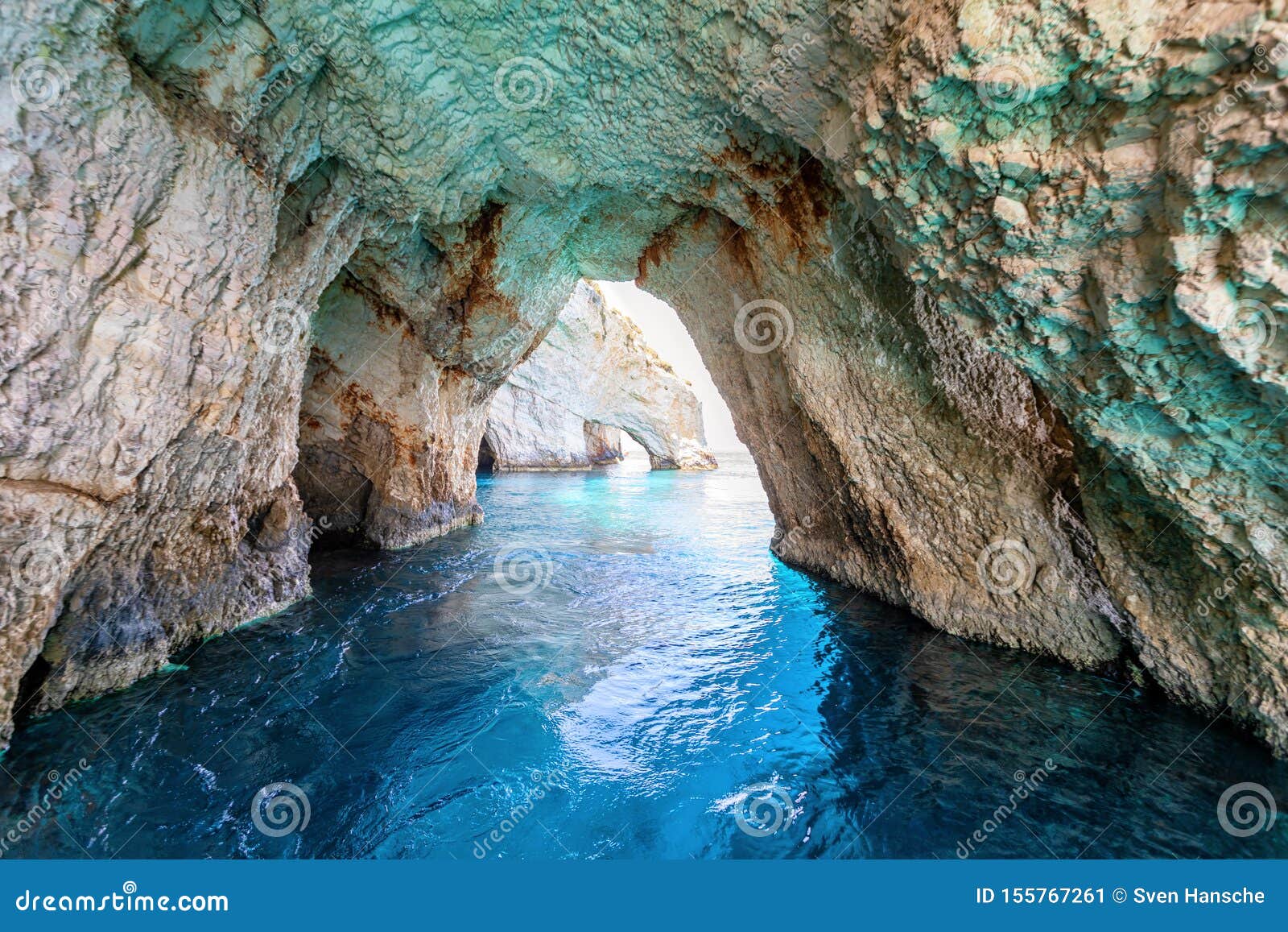 view from inside the famous blue caves on zakynthos island