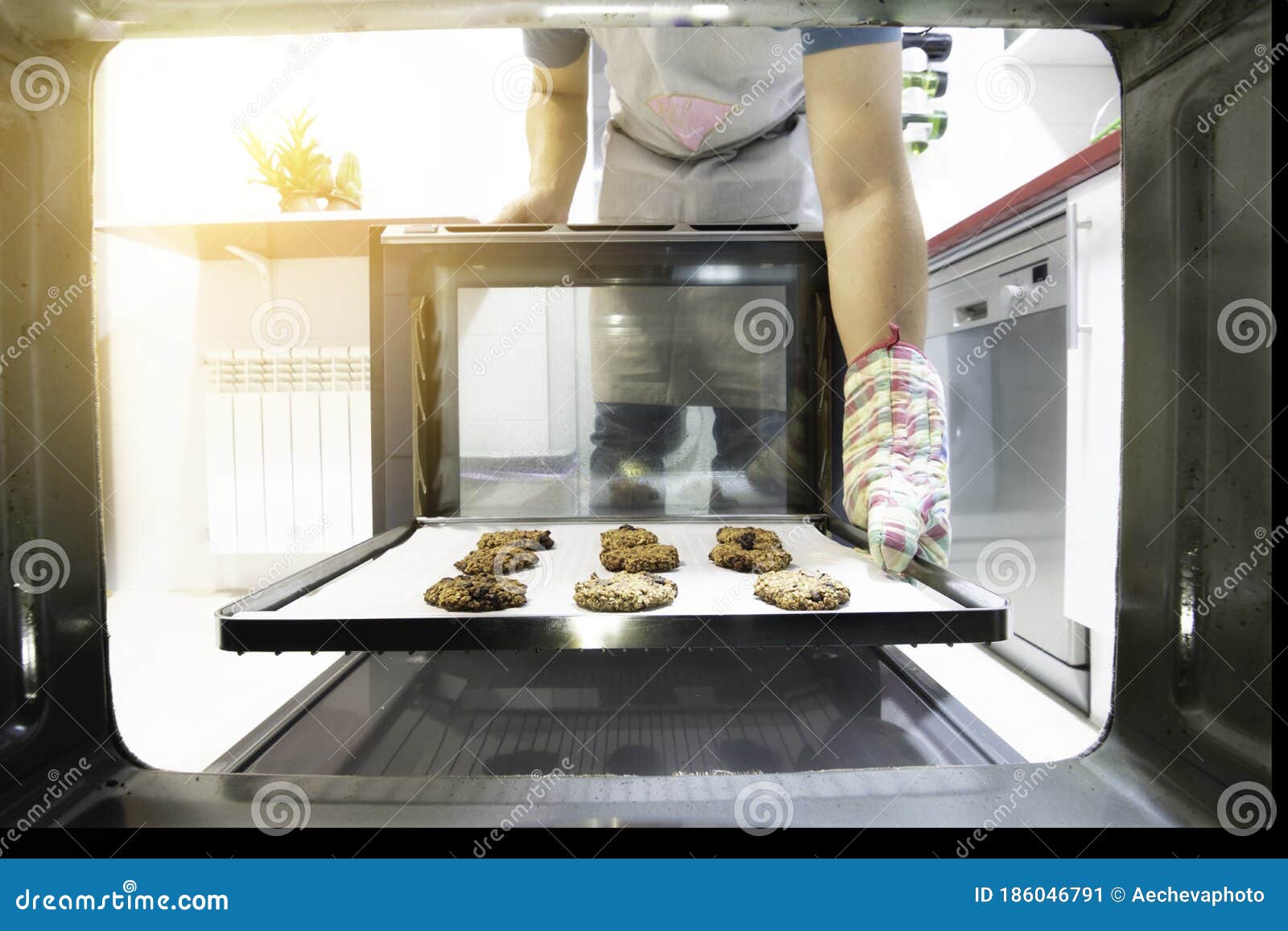 View from Inside the Oven of a Young Man Baking Cookies Stock Image Image of food, making