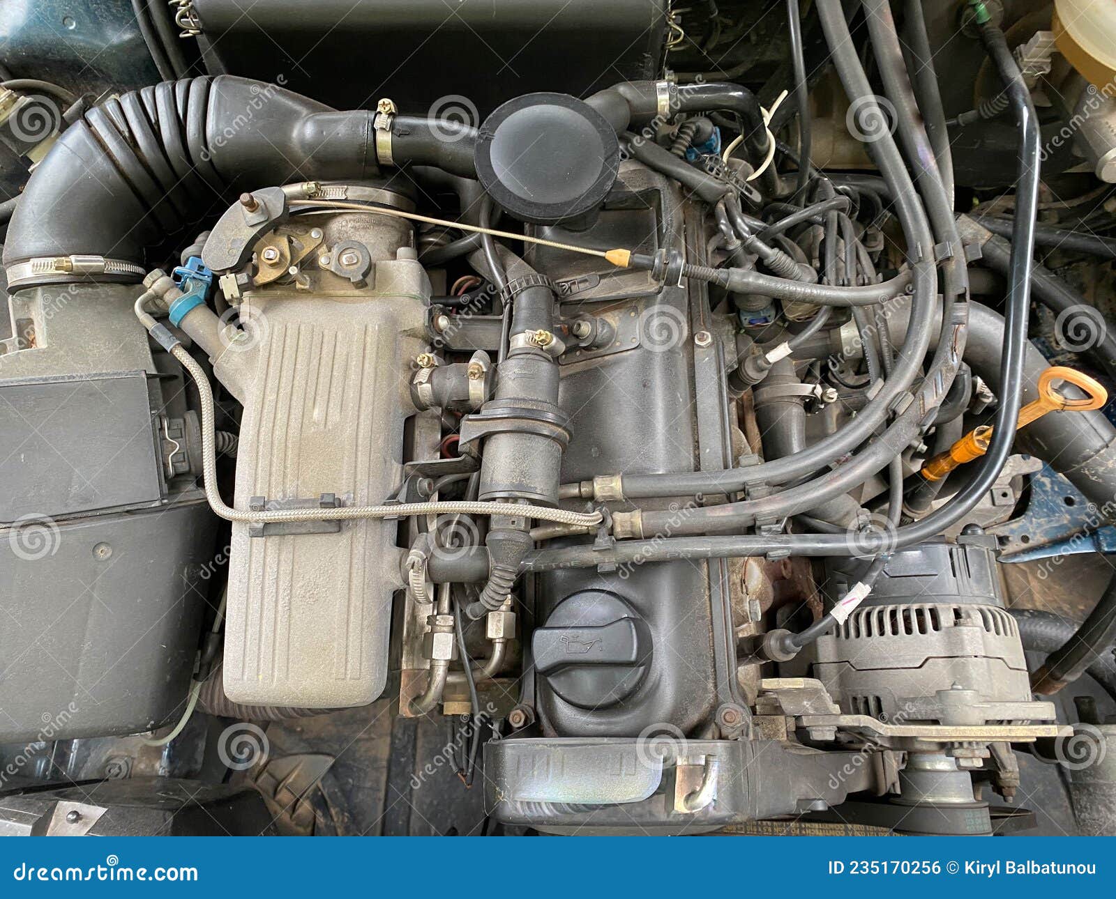 View of Internal Parts Under the Open Hood of the Car Stock Photo