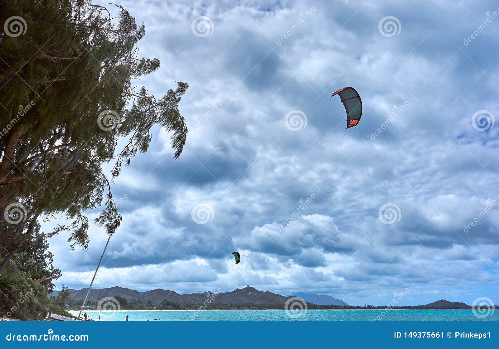 View of Kites in the Hawaiian Sky Outstretched from Kiteboarders Stock