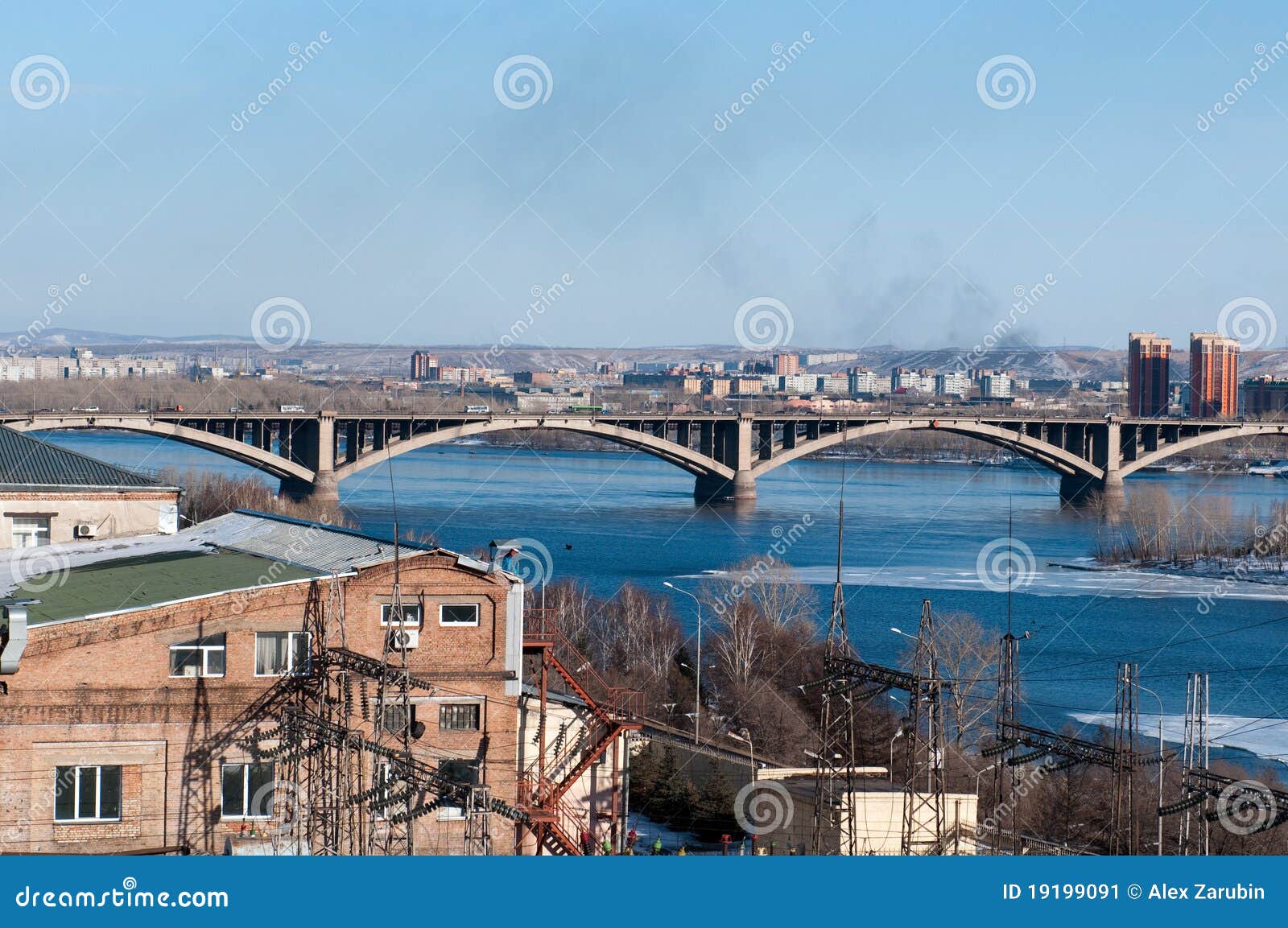 view on krasnoyarsk and bridge over the river