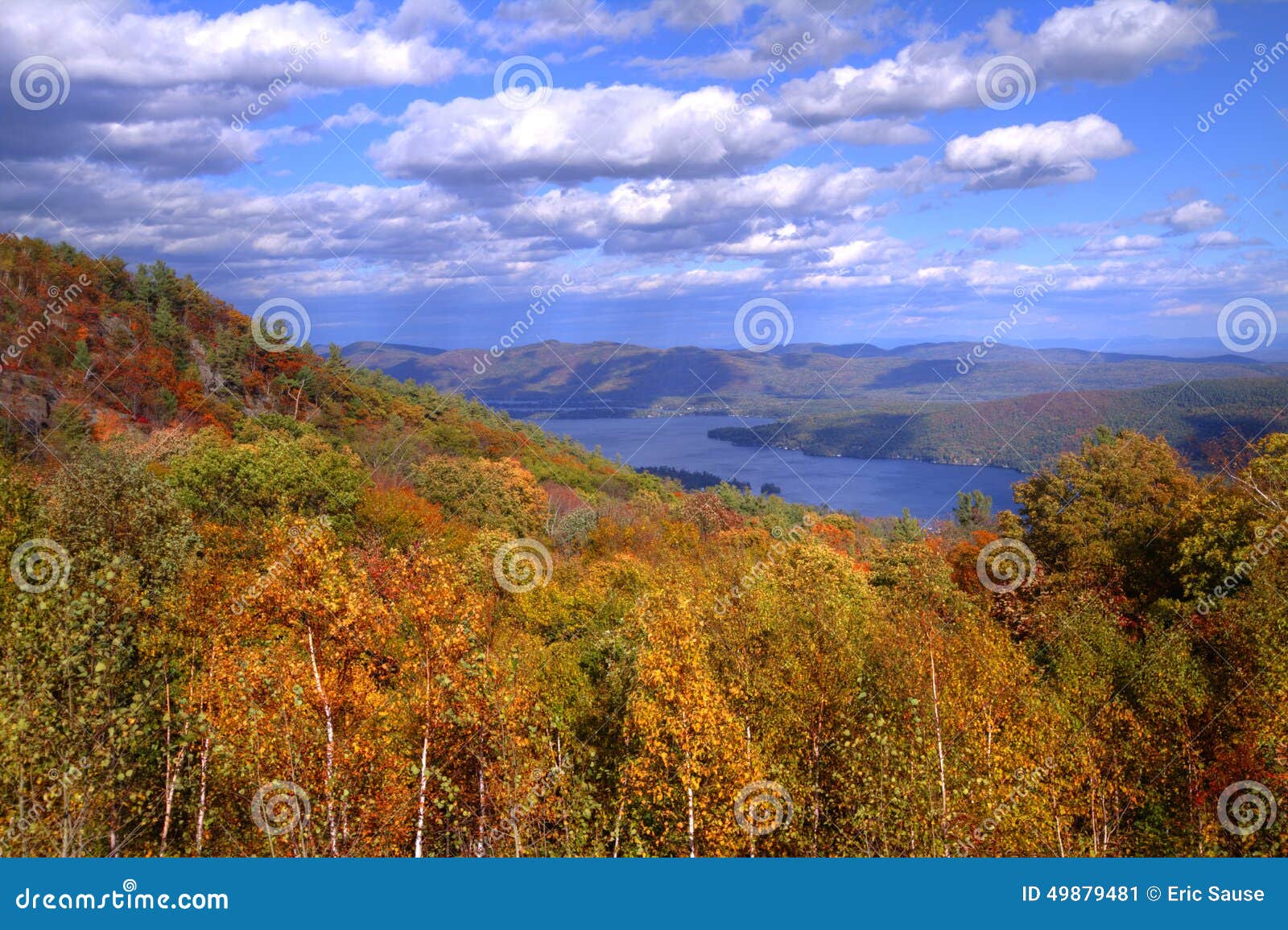 view of lake george, ny in autumn from mountain top