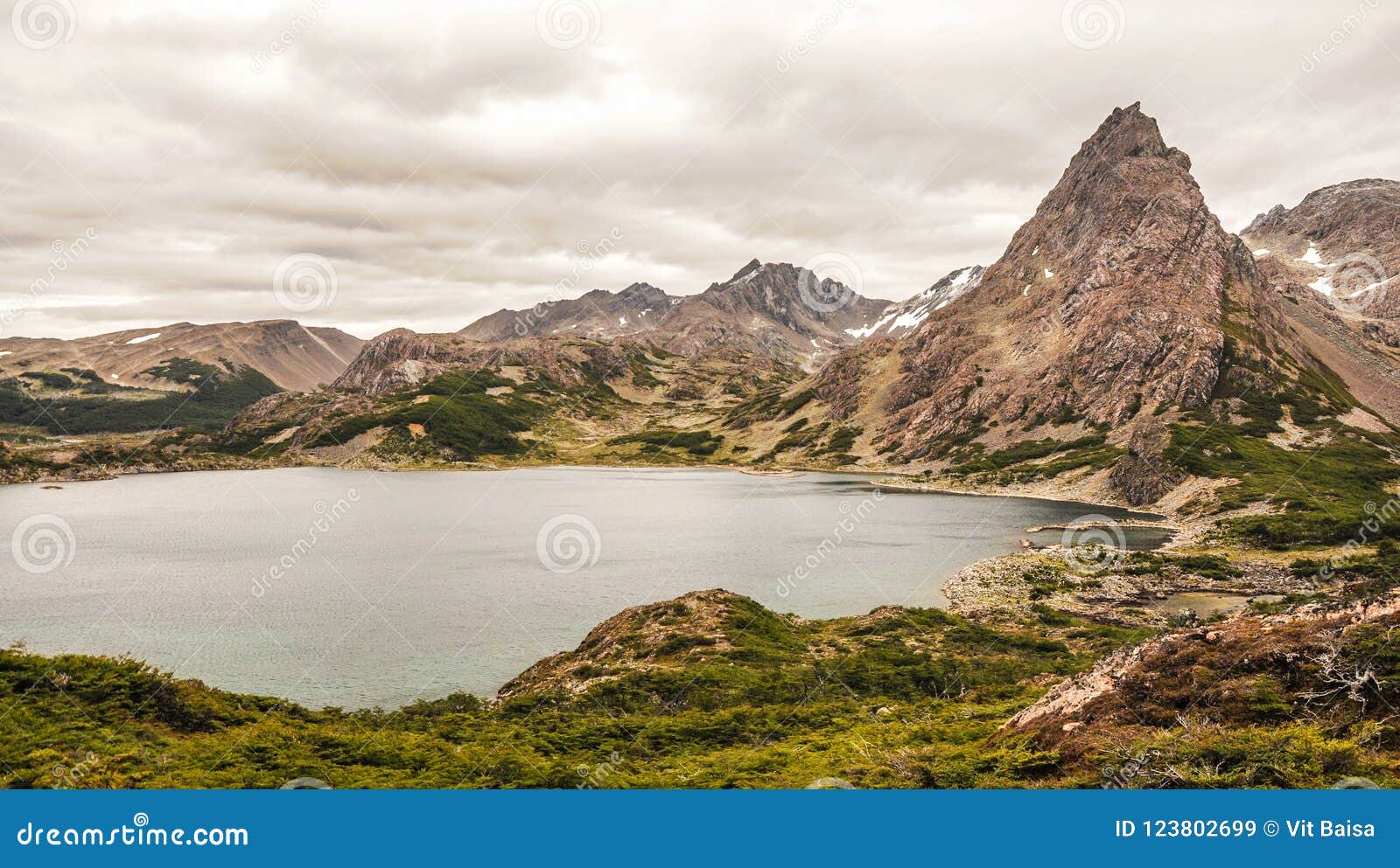 view on the lake and mountains around on the southernmost trek in the world in dientes de navarino in isla navarino, patagonia, ch