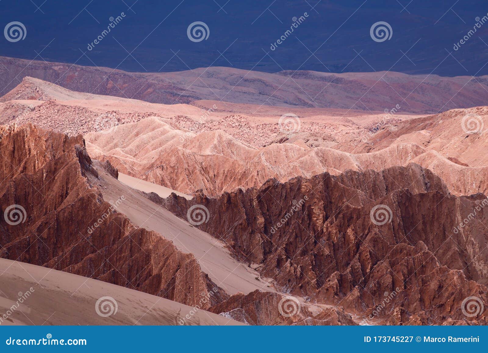 view of the landscape of the atacama desert. the rocks of the mars valley valle de marte and cordillera de la sal, atacama