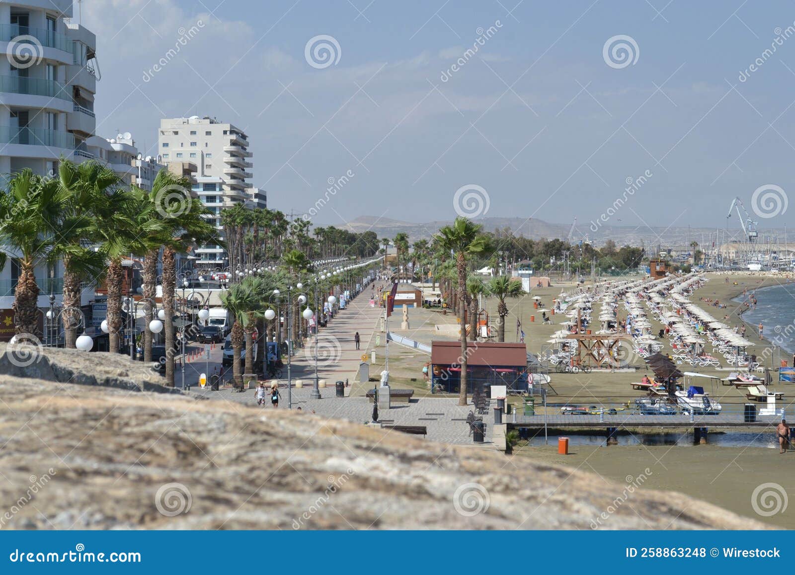 View of the Larnaca Beach Strip in the Summertime. Editorial Stock