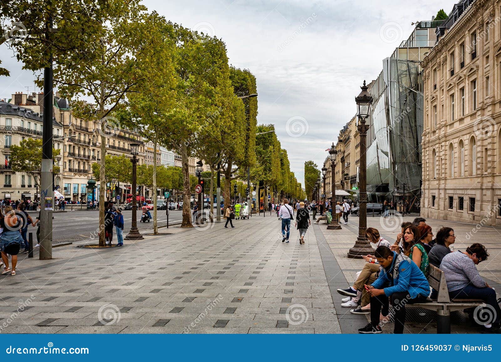 View Looking Down the Tree Lined Champs Elysees with Shoppers and