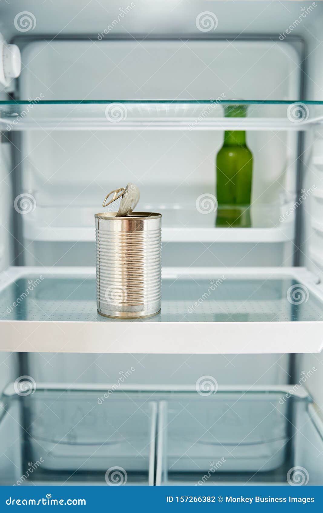 View Looking Inside Refrigerator Empty Except for Open Tin Can and