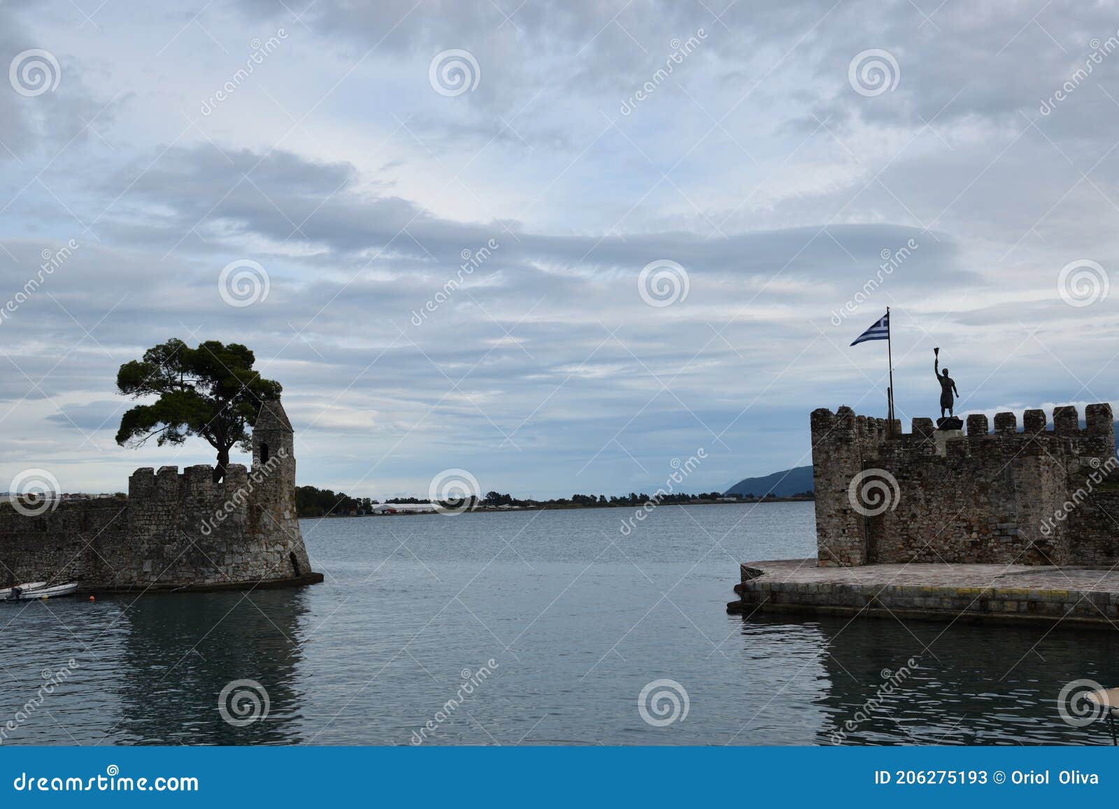 view of the main monuments of greece. old town of lepanto place of the battle where miguel de cervantes participated. greek flag