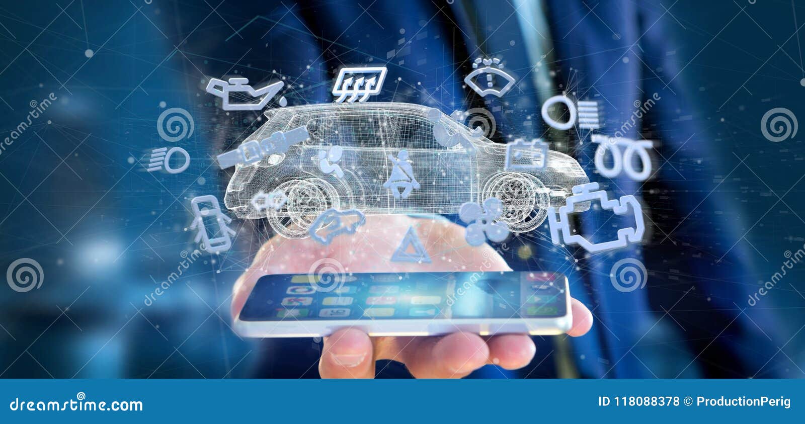 man holding smartcar icon around an automobile 3d rendering