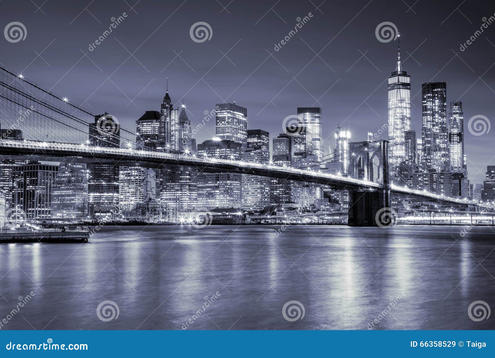 view of manhattan and brooklin bridge by night, new york city
