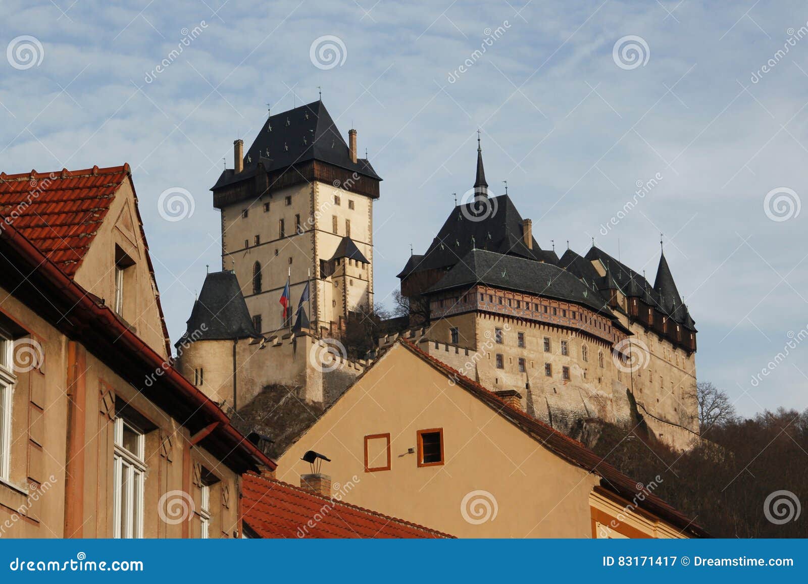 View of the Medieval Castle Roof Finials Mountains and Hills of the