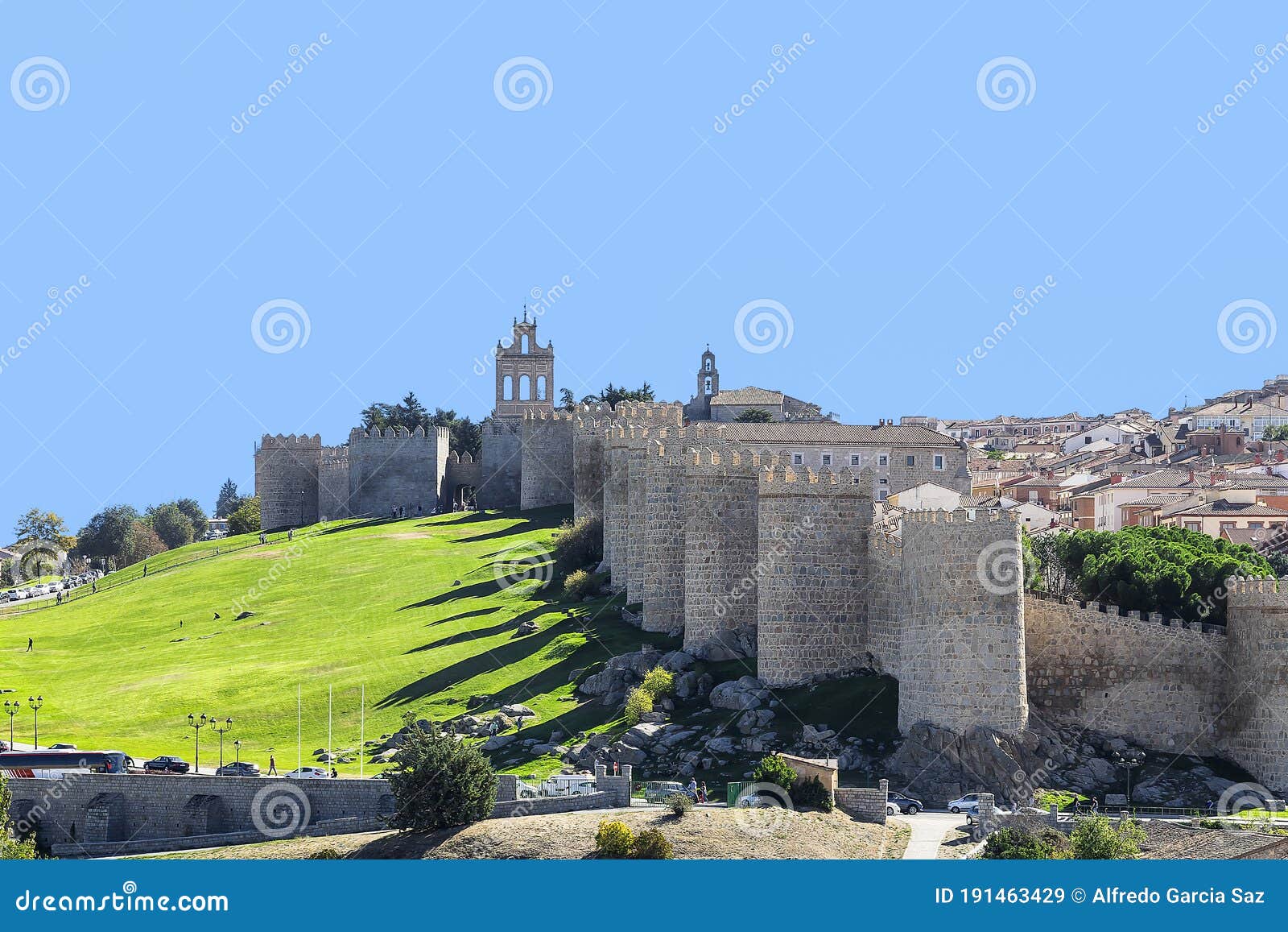 view of medieval city of avila walls between the gate del carmen and the cubo de san segundo. this city was declared a unesco