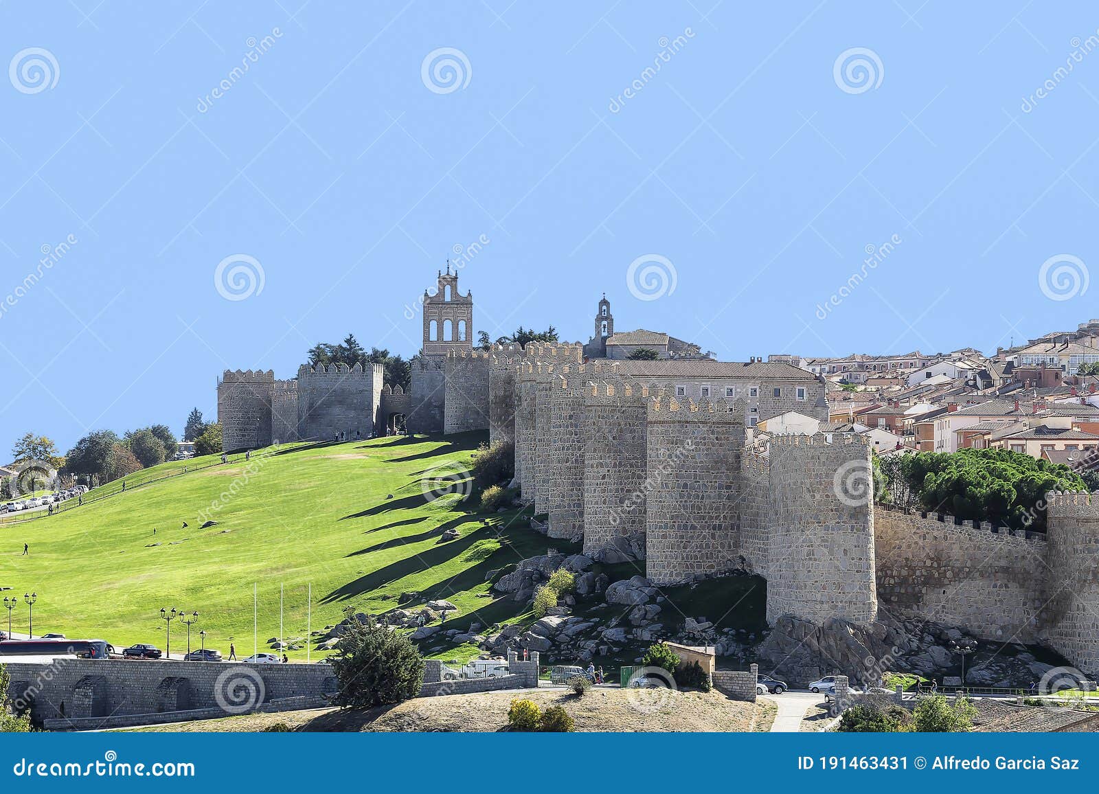view of medieval city of avila walls between the gate del carmen and the cubo de san segundo. this city was declared a unesco