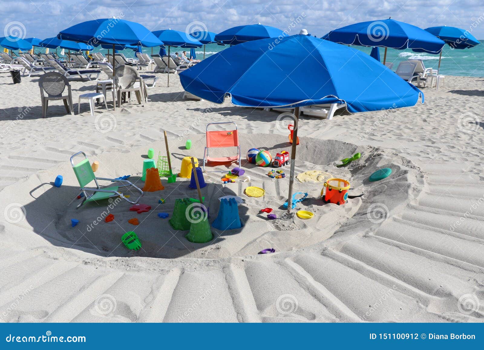 View of Miami Beach with Toys and Blueumbrellas Stock Photo Image of