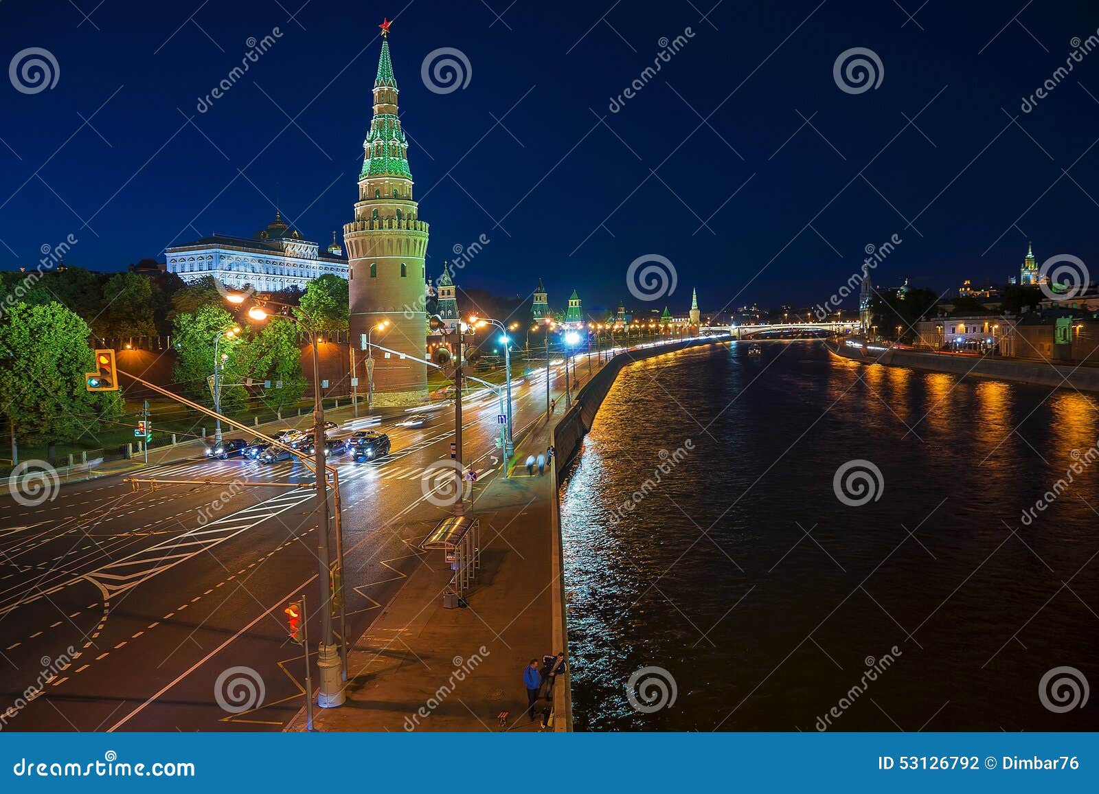 View of the Moscow Kremlin and Moskva River at night. Shot from the Big Stone Bridge. Moscow, Russia.